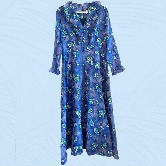Vintage 60s Missy Matron Spi Bor maxi floral blue bell dress - Picture 4 of 13